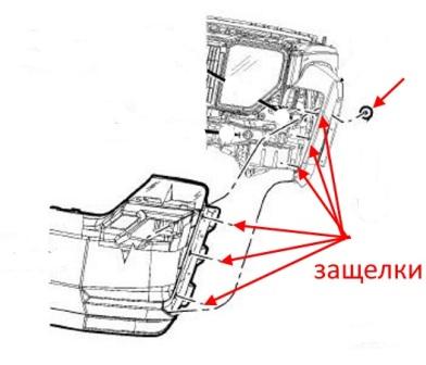 the scheme of fastening to front bumper Jeep Cherokee KK Liberty (2008-2013)